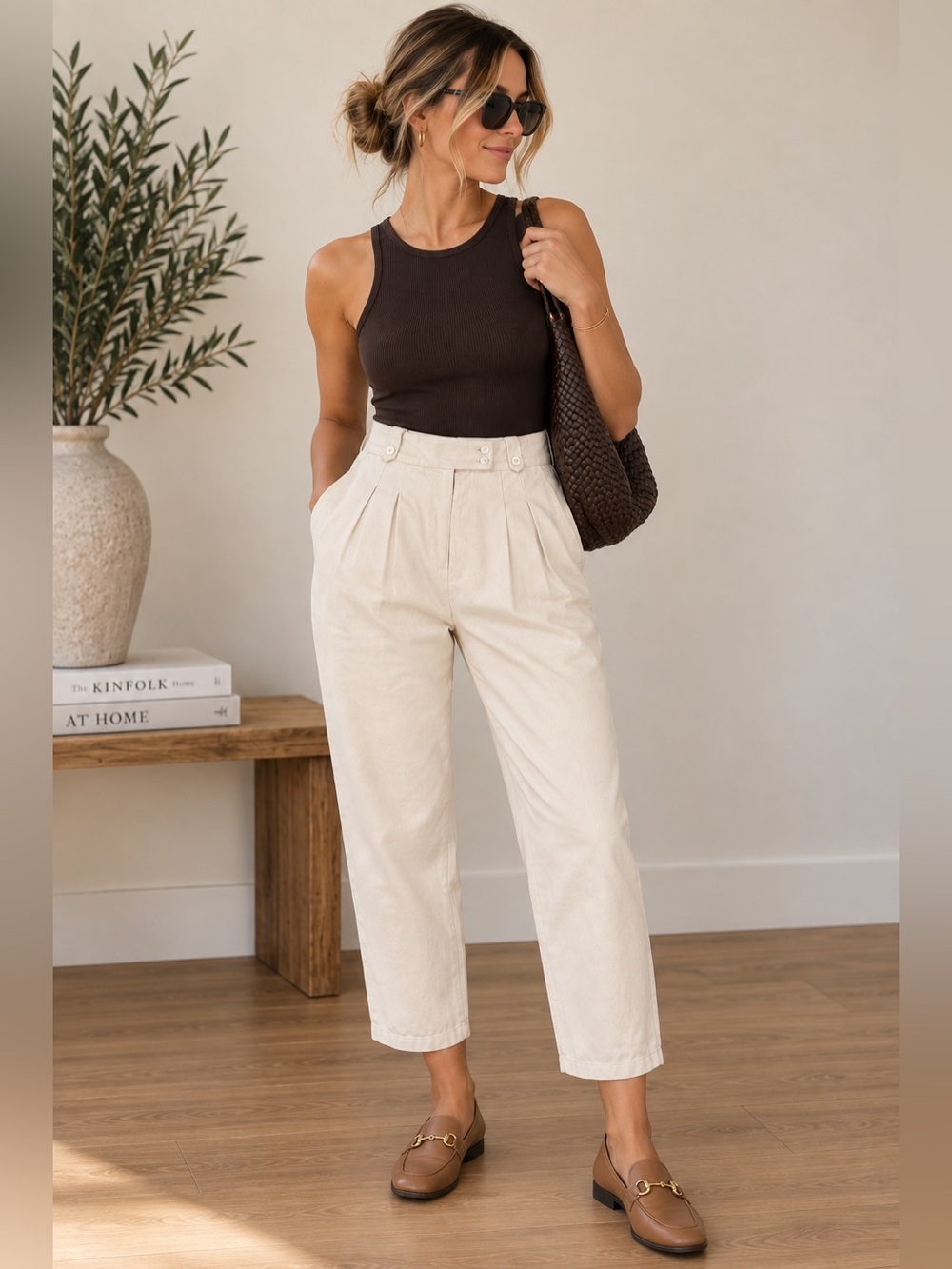 Mod Ref Ivory Pleated High Rise Cotton Trousers Pants M